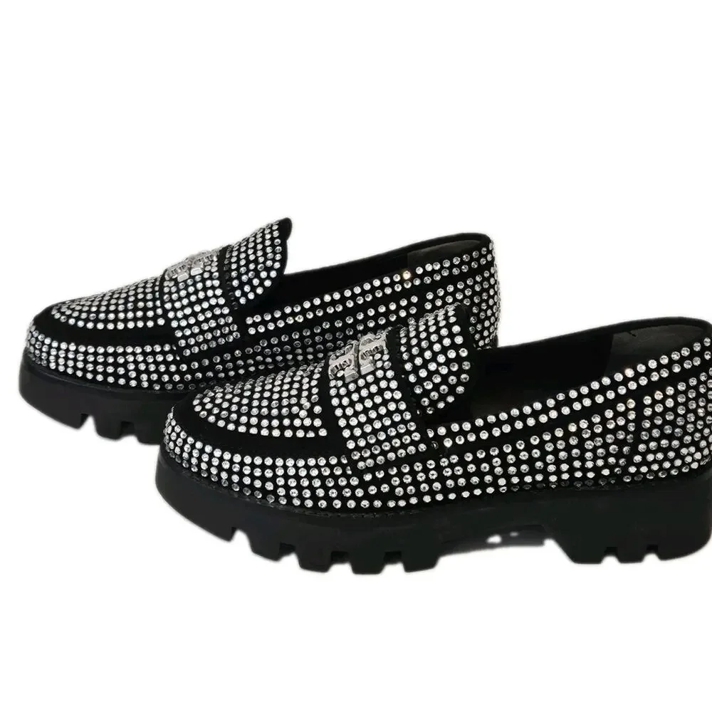 New Tory Burch Chunky Loafer Mini Everly Black Suede Crystals Lug Sole Size 7M